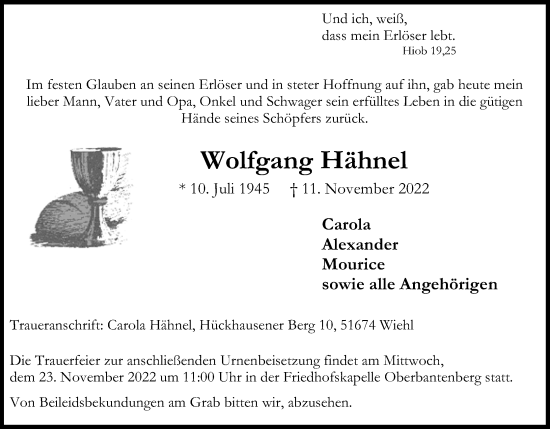 Anzeige von Wolfgang Hähnel von Kölner Stadt-Anzeiger / Kölnische Rundschau / Express