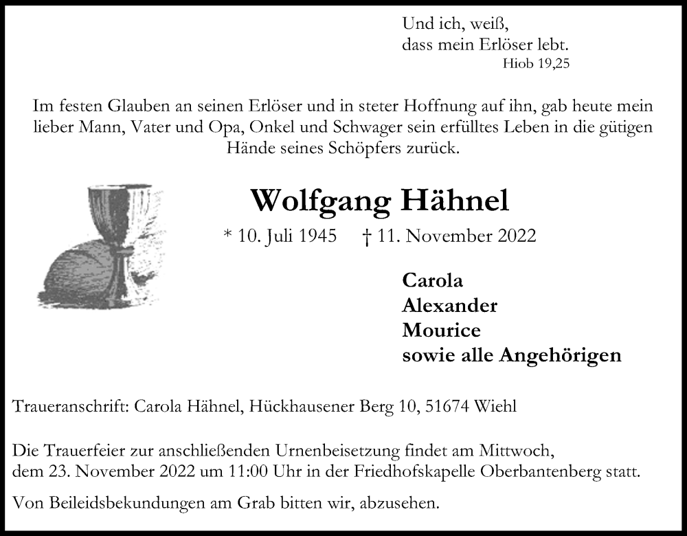  Traueranzeige für Wolfgang Hähnel vom 18.11.2022 aus Kölner Stadt-Anzeiger / Kölnische Rundschau / Express