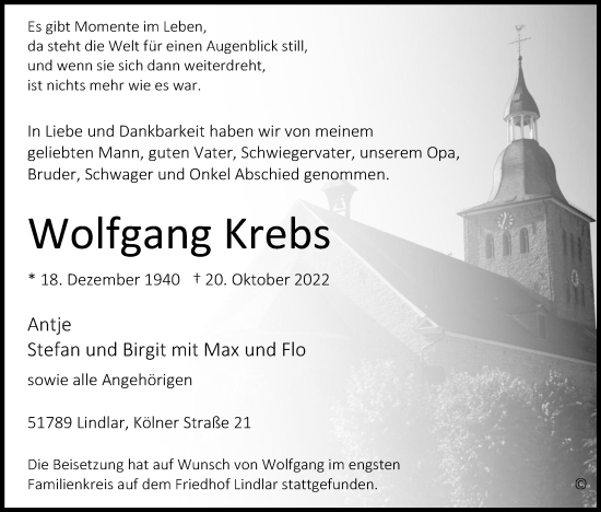 Anzeige von Wolfgang Krebs von Kölner Stadt-Anzeiger / Kölnische Rundschau / Express