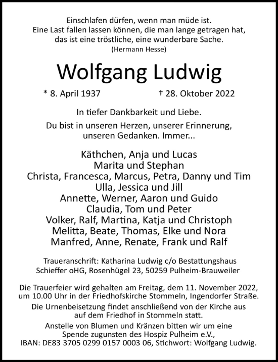 Anzeige von Wolfgang Ludwig von  Wochenende 