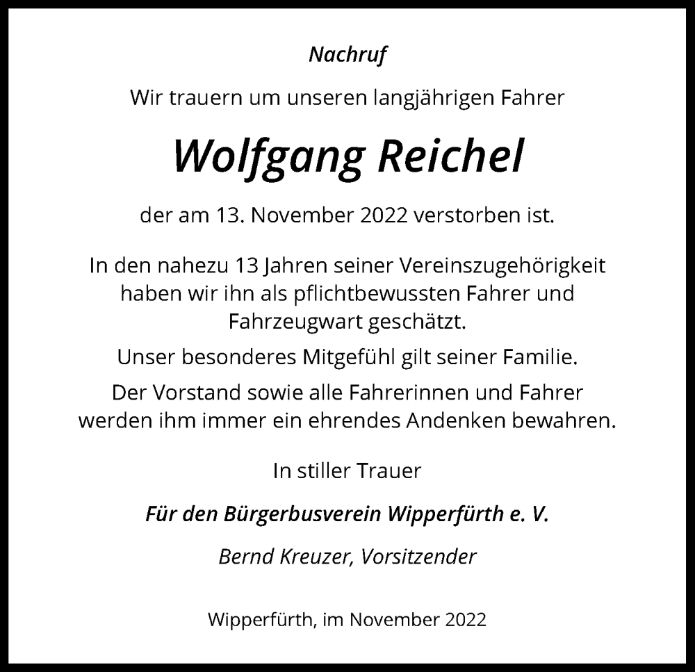 Traueranzeige für Wolfgang Reichel vom 26.11.2022 aus Kölner Stadt-Anzeiger / Kölnische Rundschau / Express