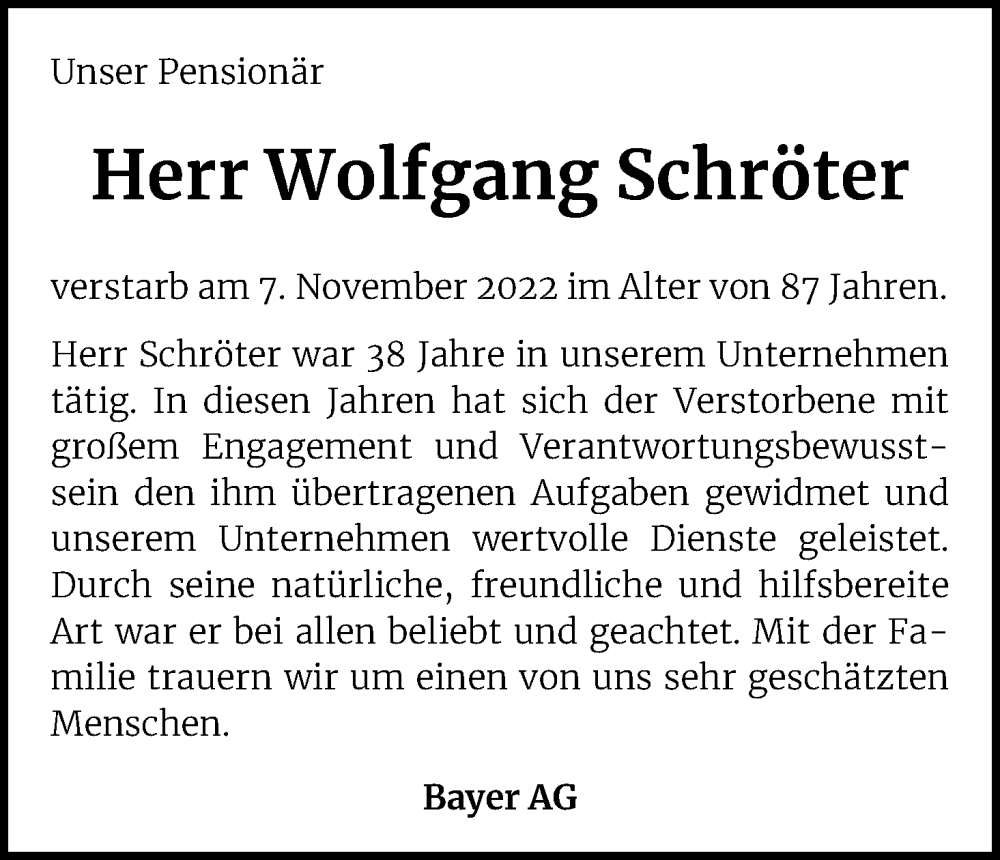  Traueranzeige für Wolfgang Schröter vom 22.11.2022 aus Kölner Stadt-Anzeiger / Kölnische Rundschau / Express