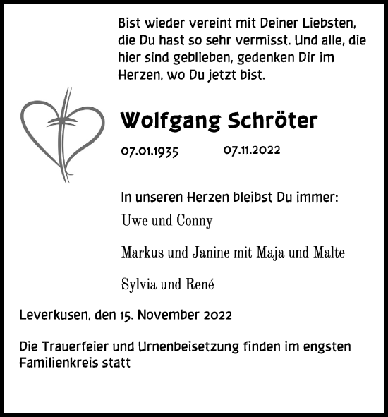 Anzeige von Wolfgang Schröter von Kölner Stadt-Anzeiger / Kölnische Rundschau / Express