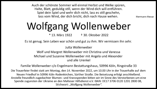 Anzeige von Wolfgang Wollenweber von Kölner Stadt-Anzeiger / Kölnische Rundschau / Express