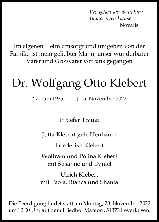 Anzeige von Wolfgang Otto Klebert von Kölner Stadt-Anzeiger / Kölnische Rundschau / Express