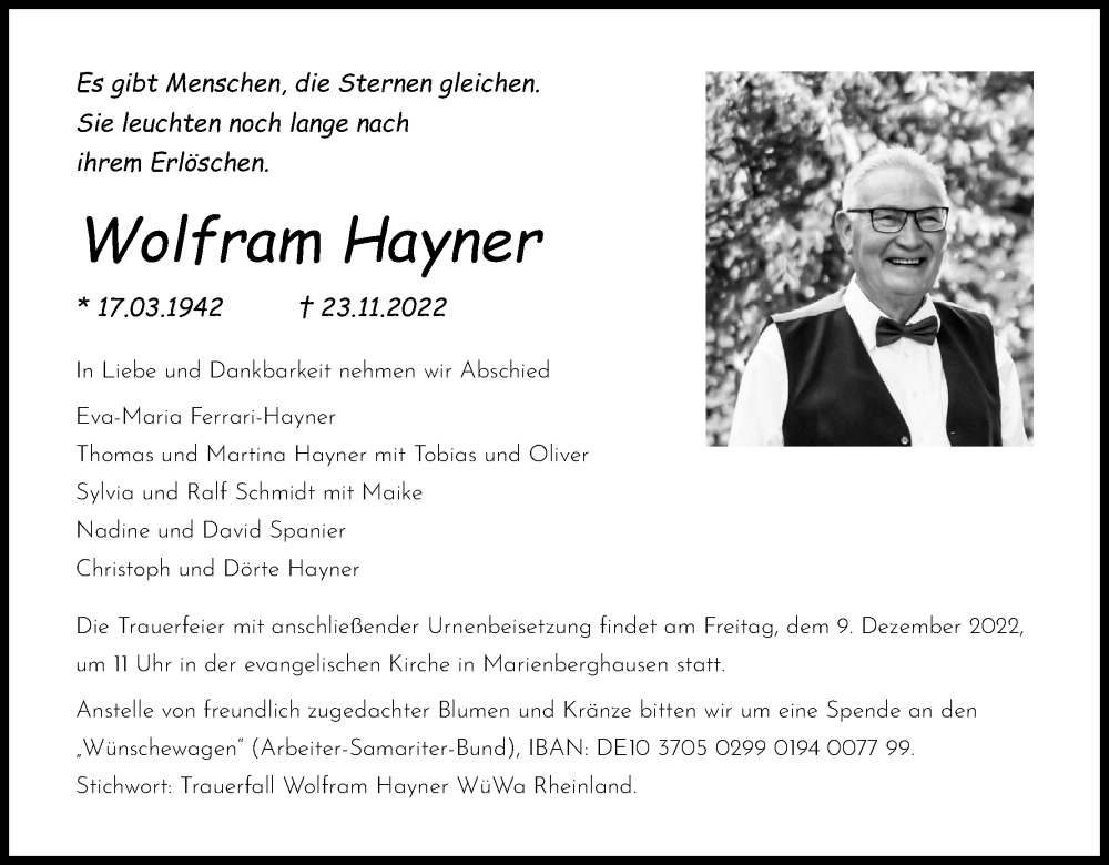  Traueranzeige für Wolfram Hayner vom 26.11.2022 aus Kölner Stadt-Anzeiger / Kölnische Rundschau / Express