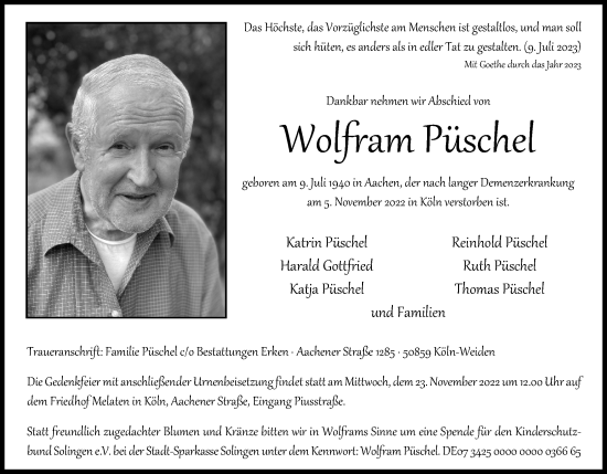 Anzeige von Wolfram Püschel von Kölner Stadt-Anzeiger / Kölnische Rundschau / Express