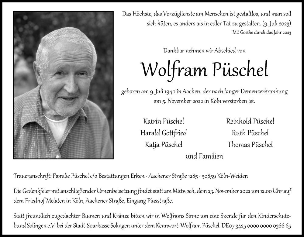  Traueranzeige für Wolfram Püschel vom 12.11.2022 aus Kölner Stadt-Anzeiger / Kölnische Rundschau / Express