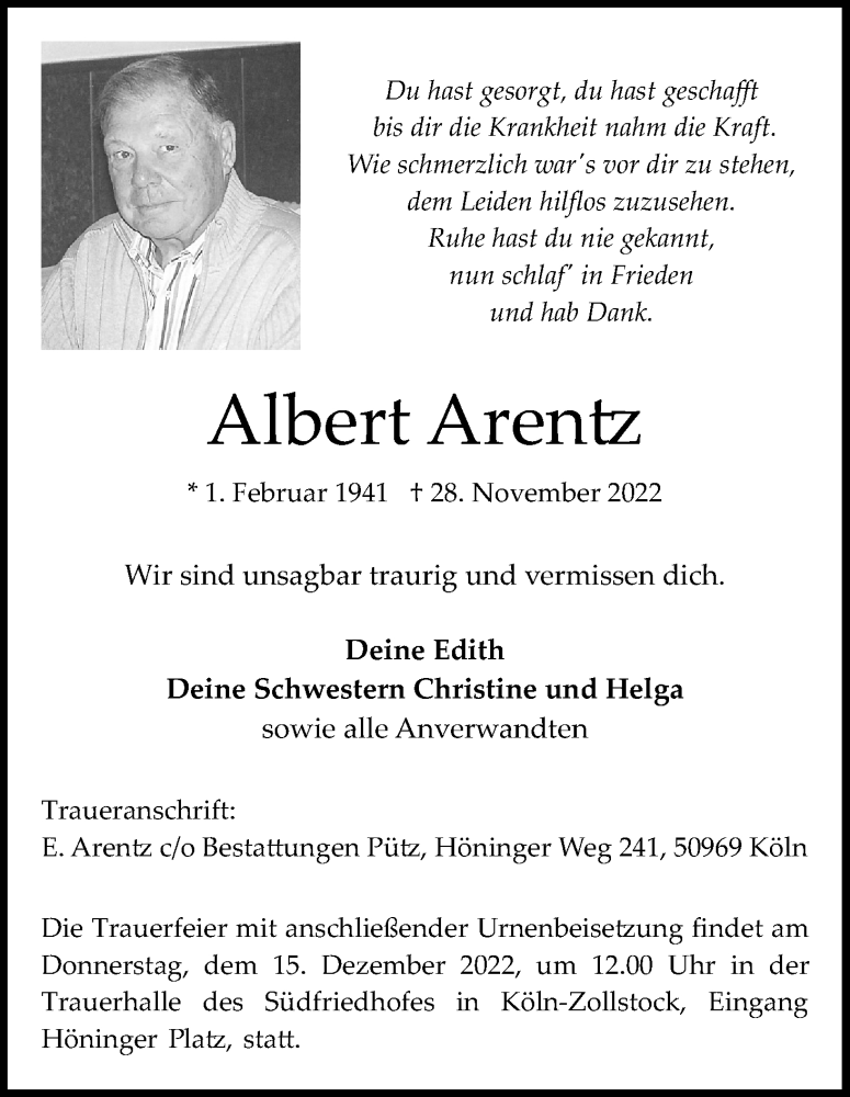  Traueranzeige für Albert Arentz vom 10.12.2022 aus Kölner Stadt-Anzeiger / Kölnische Rundschau / Express