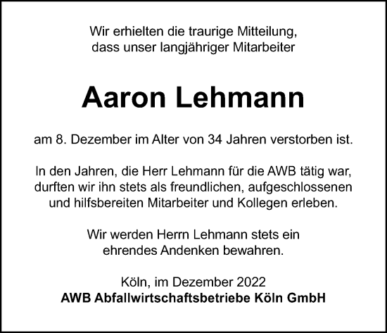 Anzeige von Aaron Lehmann von Kölner Stadt-Anzeiger / Kölnische Rundschau / Express