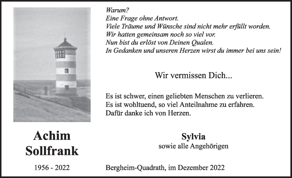  Traueranzeige für Achim Sollfrank vom 22.12.2022 aus  Werbepost 