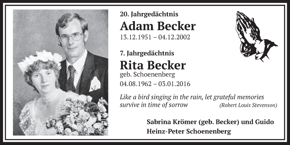  Traueranzeige für Adam Becker vom 02.12.2022 aus  Wochenende  Werbepost 