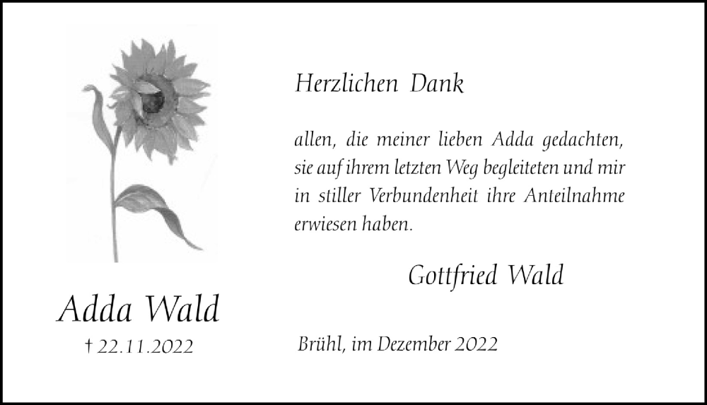  Traueranzeige für Adda Wald vom 29.12.2022 aus  Schlossbote/Werbekurier 