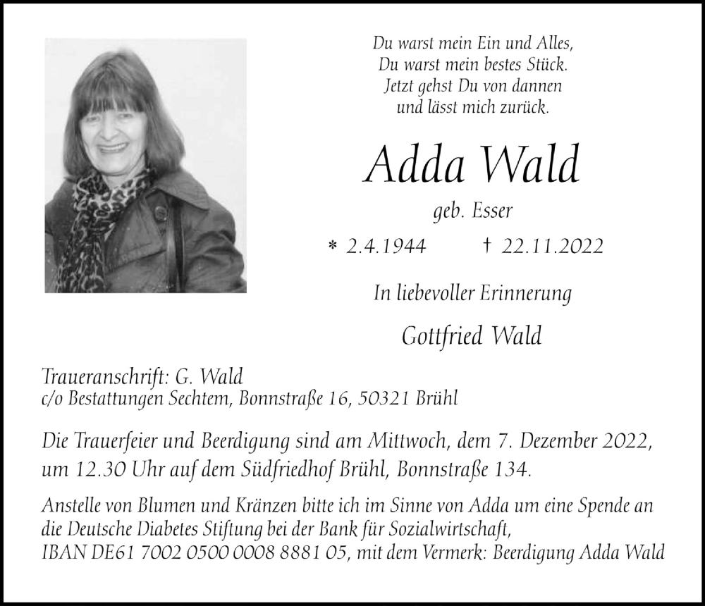  Traueranzeige für Adda Wald vom 02.12.2022 aus  Schlossbote/Werbekurier 