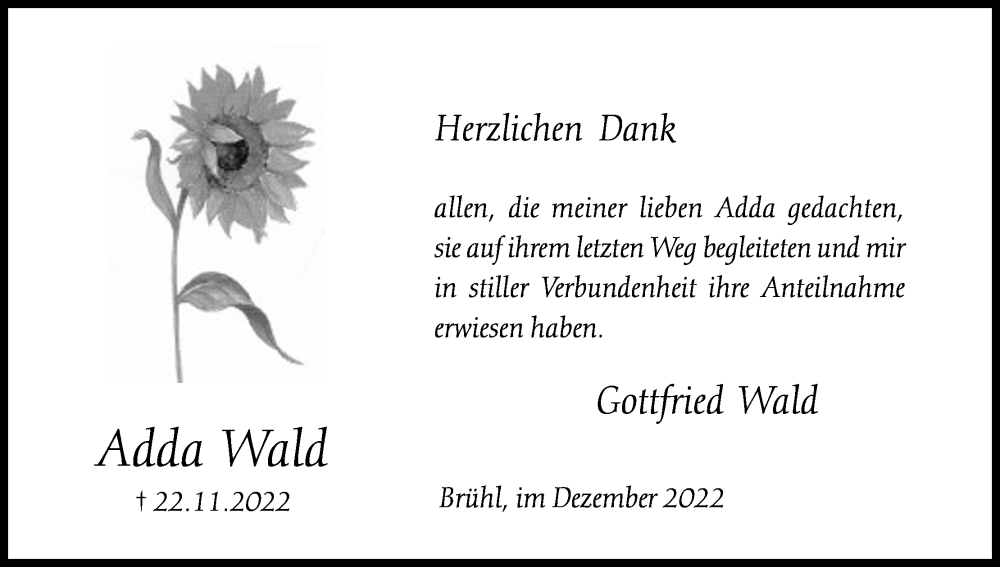  Traueranzeige für Adda Wald vom 31.12.2022 aus Kölner Stadt-Anzeiger / Kölnische Rundschau / Express