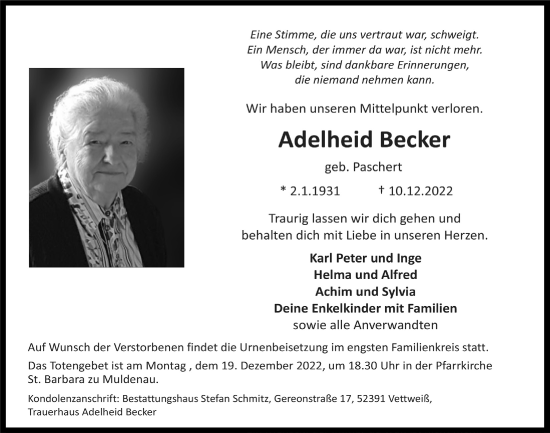Anzeige von Adelheid Becker von  Blickpunkt Euskirchen 