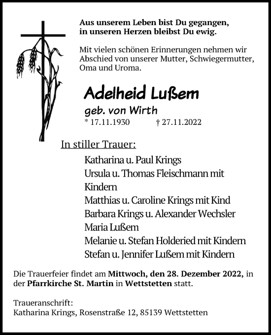 Anzeige von Adelheid Lußem von Kölner Stadt-Anzeiger / Kölnische Rundschau / Express