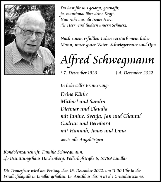 Anzeige von Affred Schwegmann von Kölner Stadt-Anzeiger / Kölnische Rundschau / Express