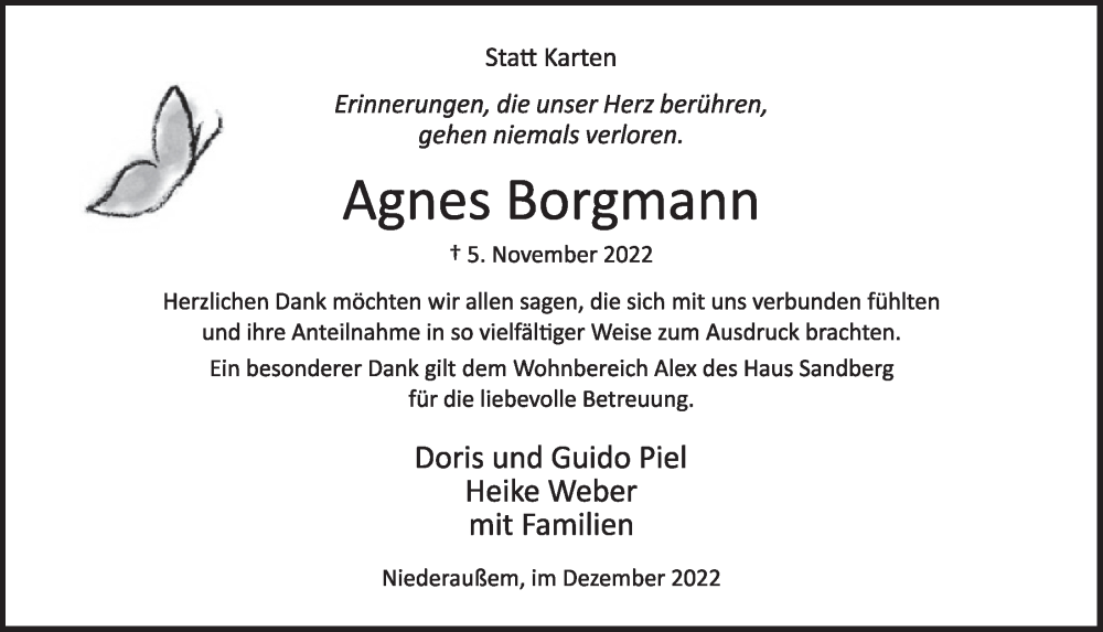 Traueranzeige für Agnes Borgmann vom 16.12.2022 aus  Werbepost 