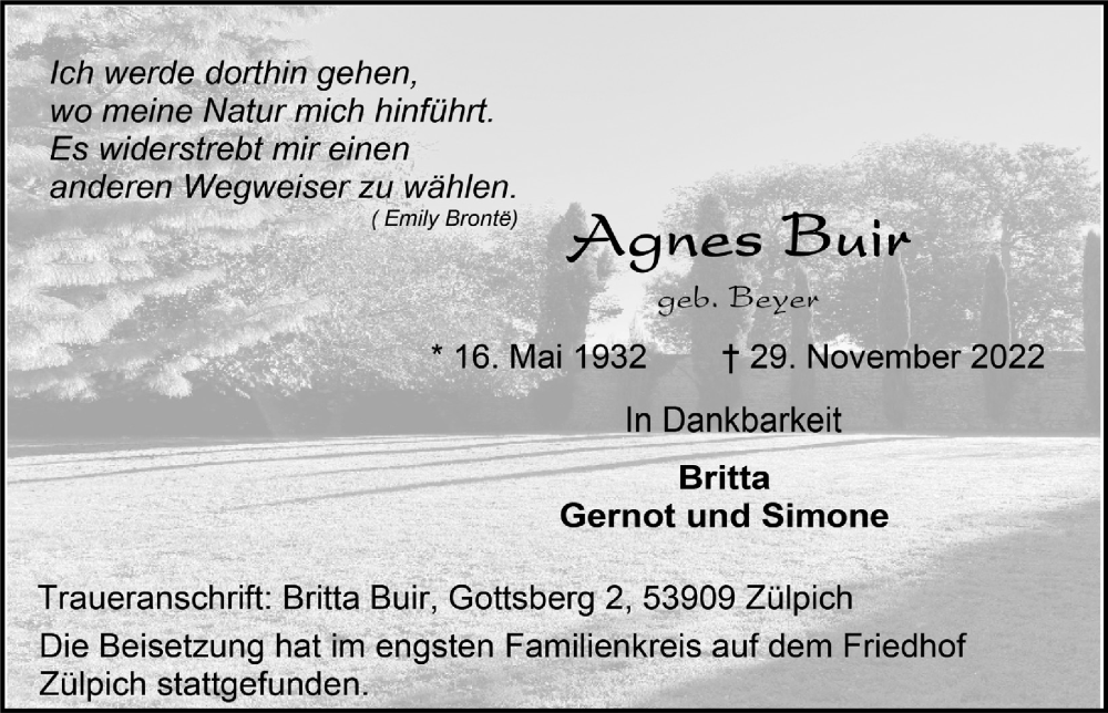  Traueranzeige für Agnes Buir vom 10.12.2022 aus  Blickpunkt Euskirchen 