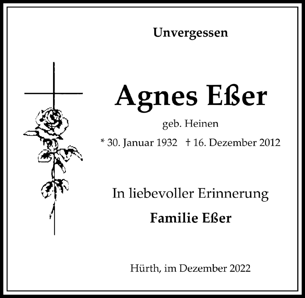  Traueranzeige für Agnes Eßer vom 16.12.2022 aus  Wochenende 