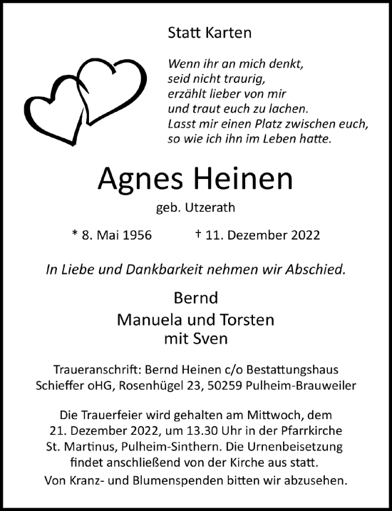 Anzeige von Agnes Heinen von  Wochenende 