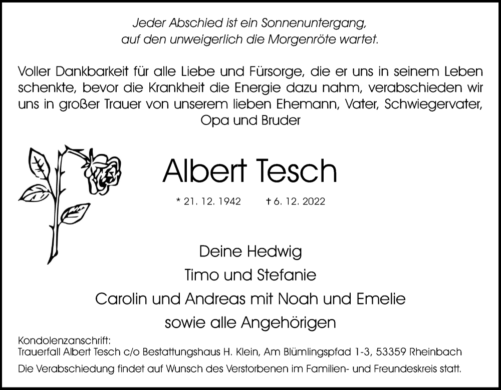  Traueranzeige für Albert Tesch vom 10.12.2022 aus Kölner Stadt-Anzeiger / Kölnische Rundschau / Express