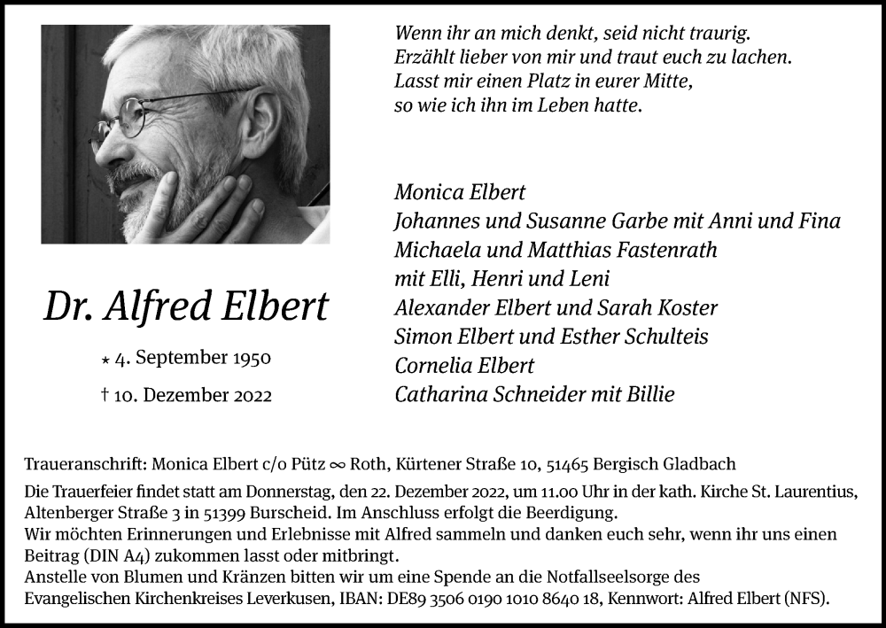  Traueranzeige für Alfred Elbert vom 17.12.2022 aus Kölner Stadt-Anzeiger / Kölnische Rundschau / Express