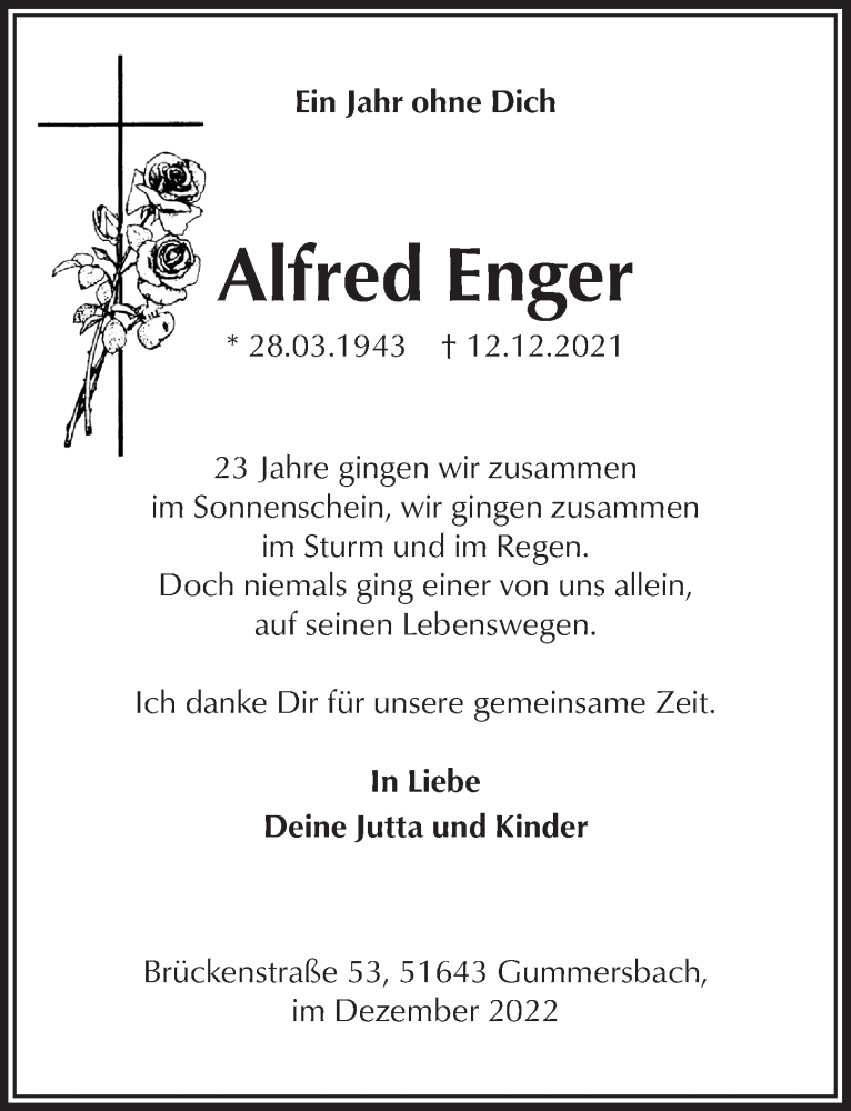 Traueranzeige für Alfred Enger vom 09.12.2022 aus  Anzeigen Echo 