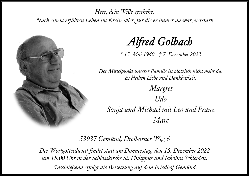  Traueranzeige für Alfred Golbach vom 13.12.2022 aus Kölner Stadt-Anzeiger / Kölnische Rundschau / Express