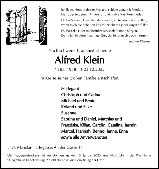 Anzeige von Alfred Klein von Kölner Stadt-Anzeiger / Kölnische Rundschau / Express