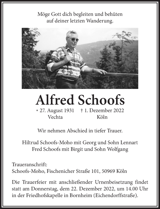 Anzeige von Alfred Schoofs von  Schaufenster/Blickpunkt 