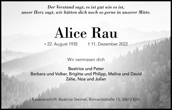 Anzeige von Alice Rau von Kölner Stadt-Anzeiger / Kölnische Rundschau / Express