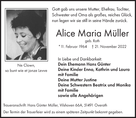 Anzeige von Alice Maria Müller von  Bergisches Handelsblatt 