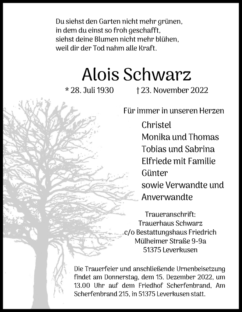  Traueranzeige für Alois Schwarz vom 03.12.2022 aus Kölner Stadt-Anzeiger / Kölnische Rundschau / Express