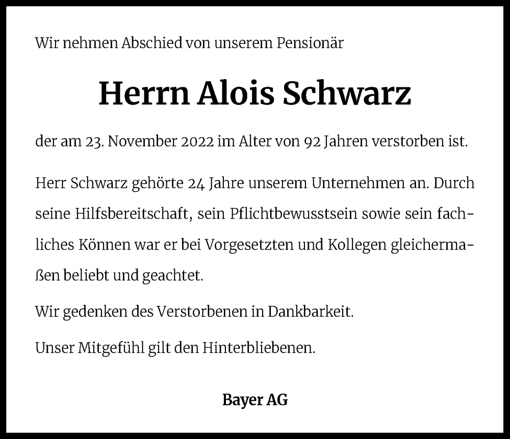  Traueranzeige für Alois Schwarz vom 05.12.2022 aus Kölner Stadt-Anzeiger / Kölnische Rundschau / Express