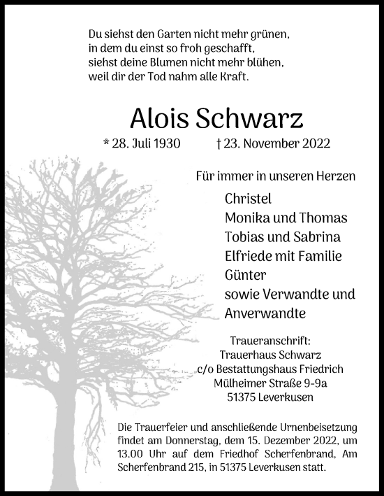 Anzeige von Alois Schwarz von Kölner Stadt-Anzeiger / Kölnische Rundschau / Express