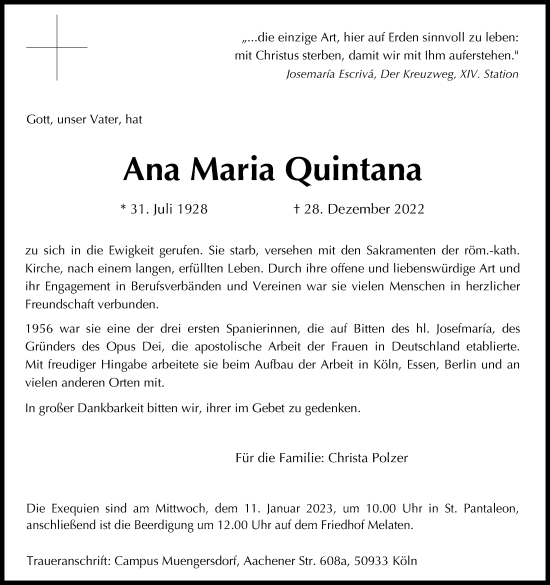 Anzeige von Ana Maria Quintana von Kölner Stadt-Anzeiger / Kölnische Rundschau / Express