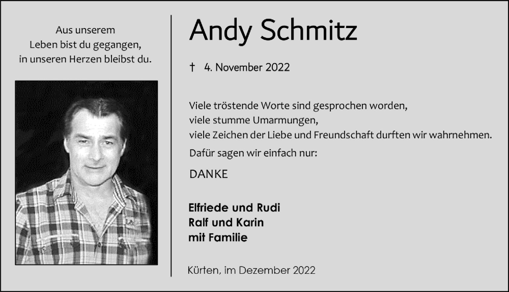  Traueranzeige für Andy Schmitz vom 22.12.2022 aus  Bergisches Handelsblatt 