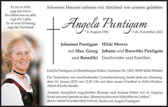 Anzeige von Angela Puntigam von Kölner Stadt-Anzeiger / Kölnische Rundschau / Express