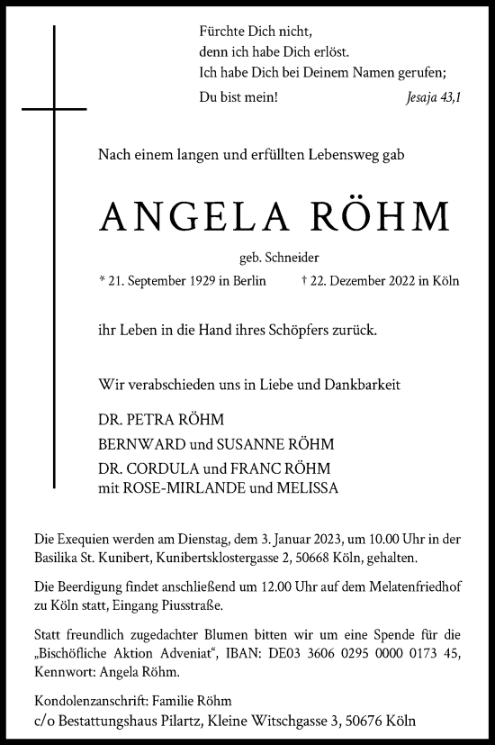 Anzeige von Angela Röhm von Kölner Stadt-Anzeiger / Kölnische Rundschau / Express