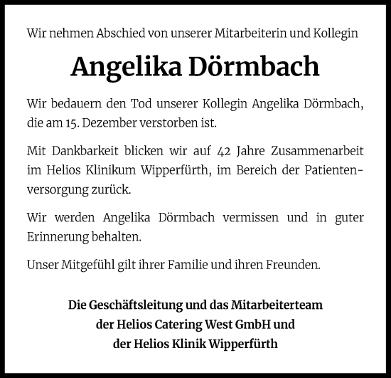 Anzeige von Angelika Dörmbach von Kölner Stadt-Anzeiger / Kölnische Rundschau / Express