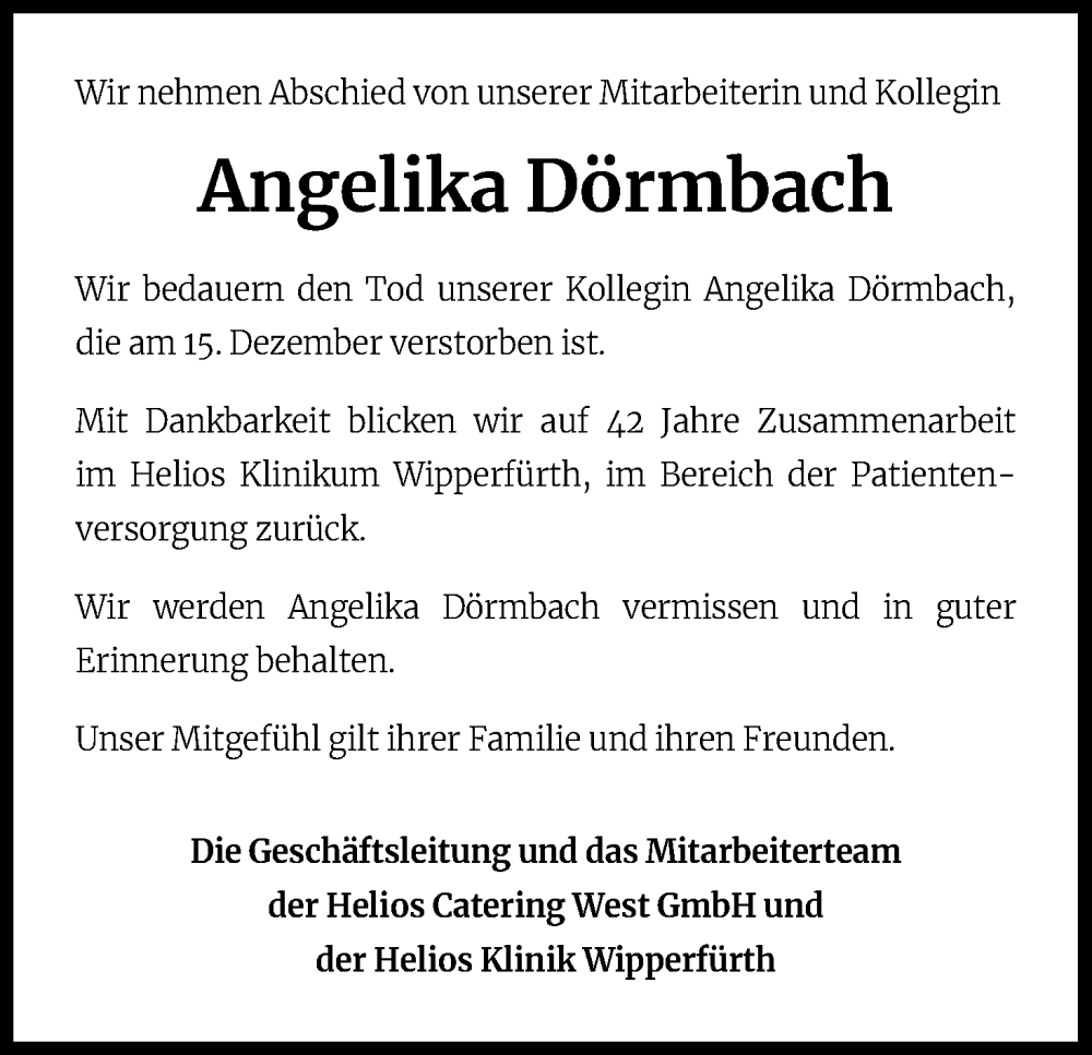  Traueranzeige für Angelika Dörmbach vom 24.12.2022 aus Kölner Stadt-Anzeiger / Kölnische Rundschau / Express