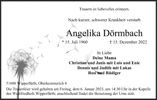 Anzeige von Angelika Dörmbach von Kölner Stadt-Anzeiger / Kölnische Rundschau / Express