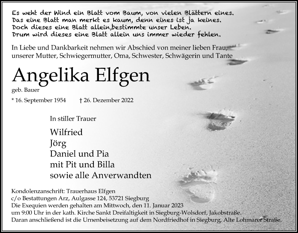  Traueranzeige für Angelika Elfgen vom 31.12.2022 aus Kölner Stadt-Anzeiger / Kölnische Rundschau / Express