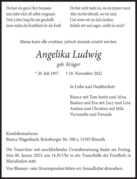 Anzeige von Angelika Ludwig von  Bergisches Handelsblatt 