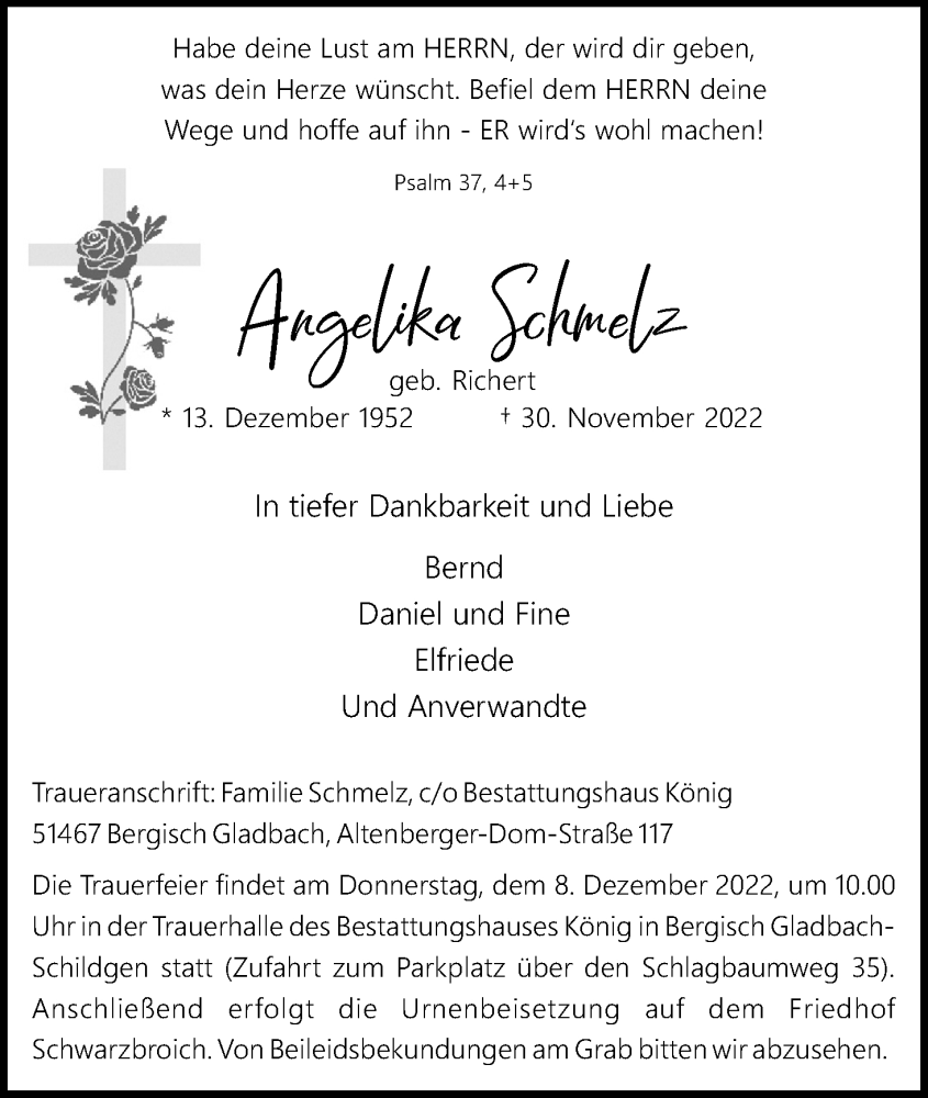  Traueranzeige für Angelika Schmelz vom 03.12.2022 aus Kölner Stadt-Anzeiger / Kölnische Rundschau / Express