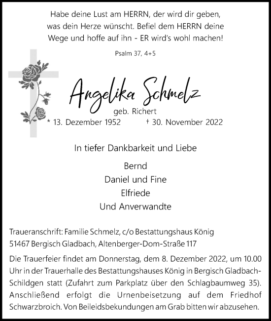Anzeige von Angelika Schmelz von Kölner Stadt-Anzeiger / Kölnische Rundschau / Express