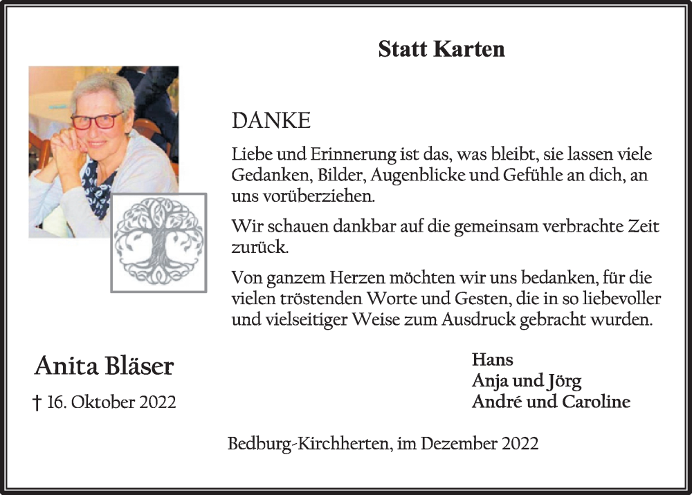  Traueranzeige für Anita Bläser vom 09.12.2022 aus  Werbepost 