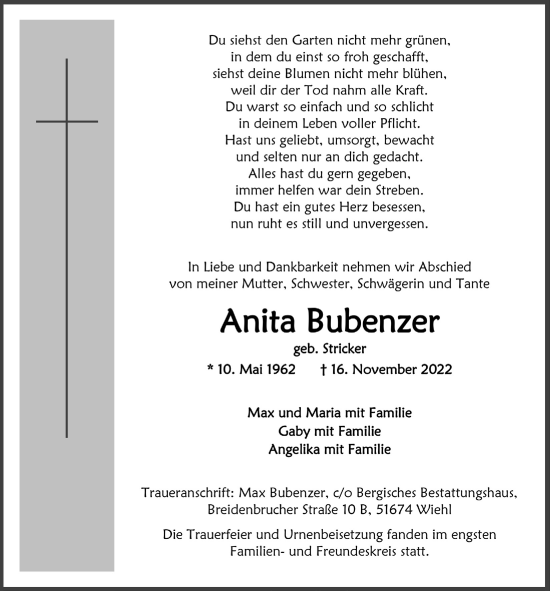 Anzeige von Anita Bubenzer von  Anzeigen Echo 